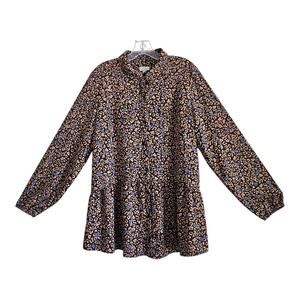 LOGO by Lori Goldstein Women M Tunic Blouse Buttons Ruffle Tier Animal Print 42"